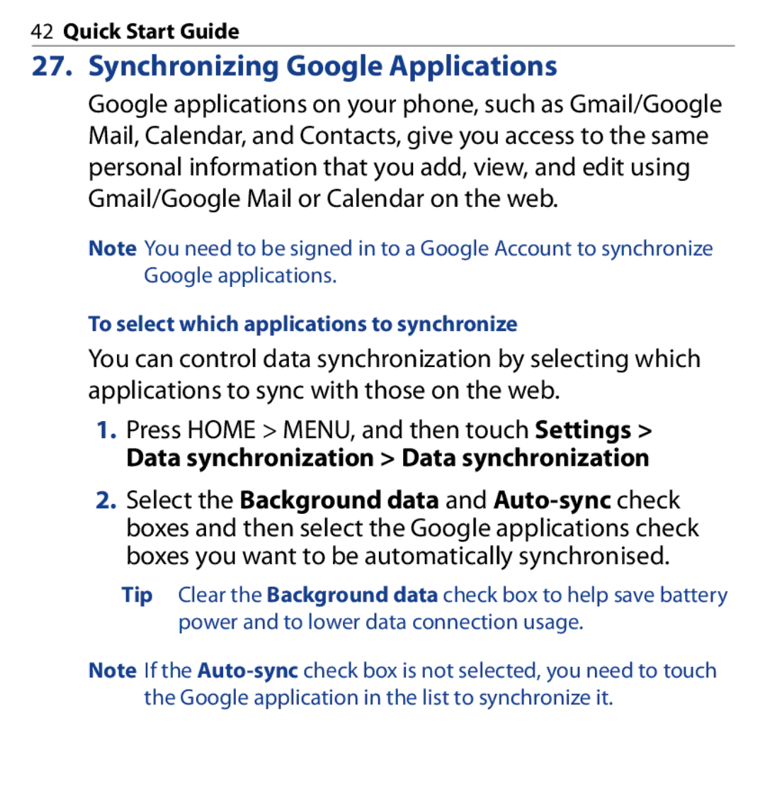 HTC SAPP100 quick start Synchronizing Google Applications, To select which applications to synchronize 