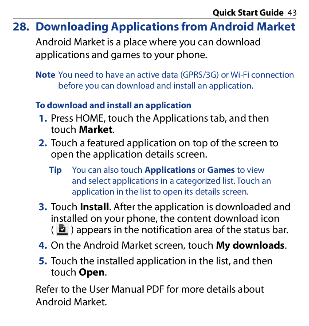 HTC SAPP100 quick start Downloading Applications from Android Market, To download and install an application 