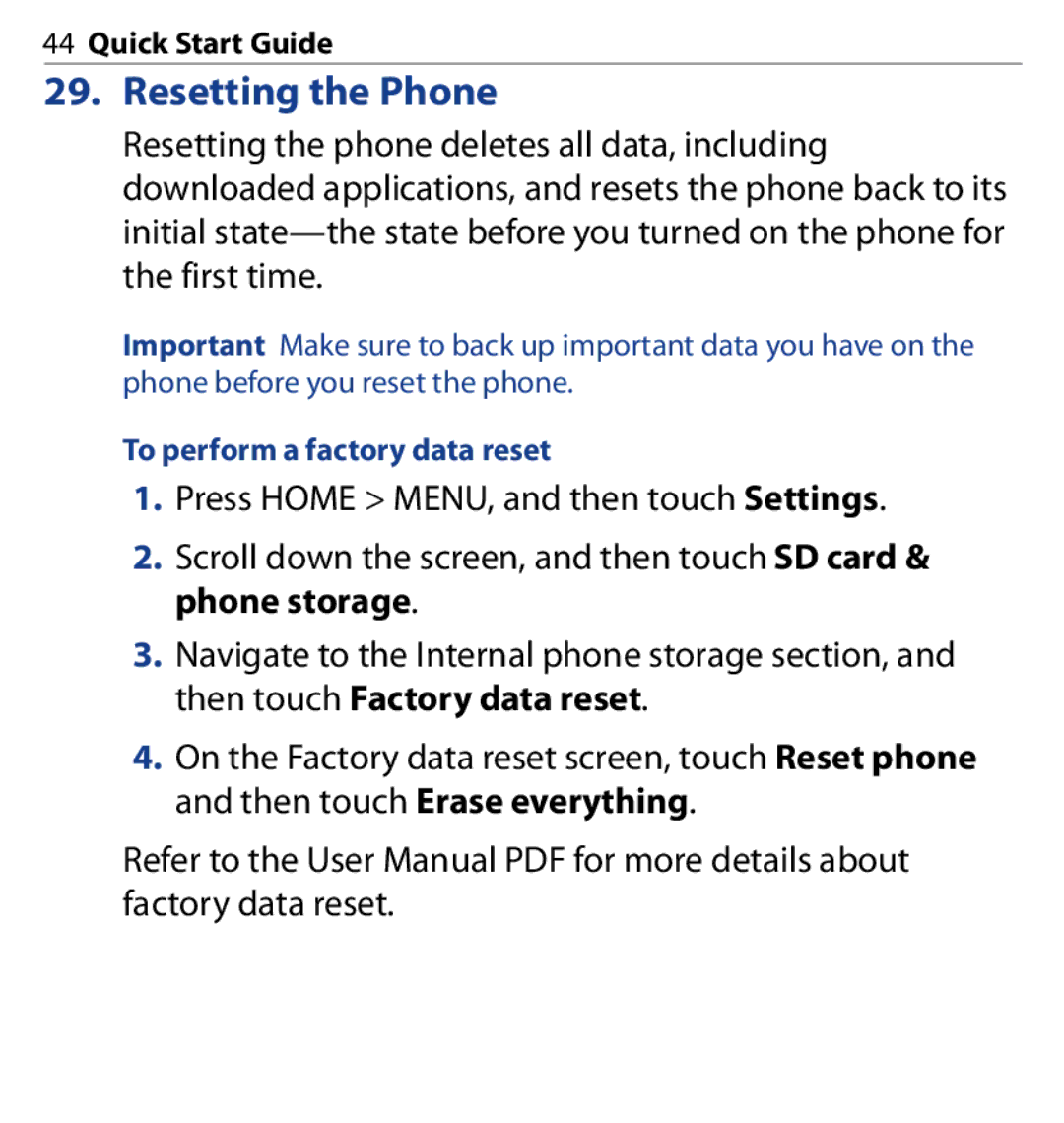 HTC SAPP100 quick start Resetting the Phone, To perform a factory data reset 