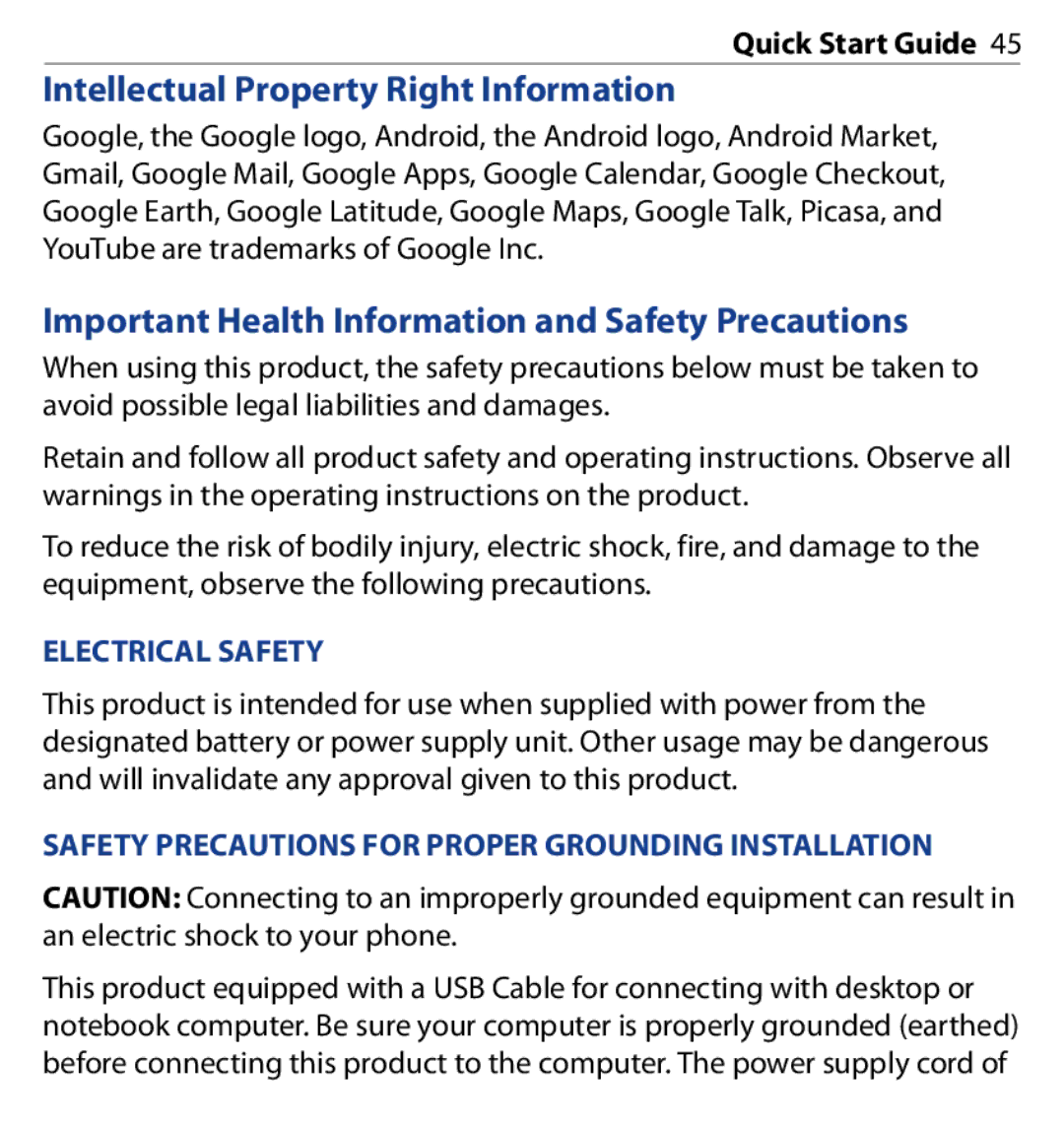 HTC SAPP100 quick start Intellectual Property Right Information, Important Health Information and Safety Precautions 