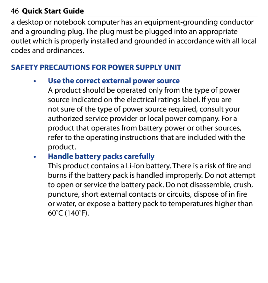 HTC SAPP100 quick start Safety Precautions for Power Supply Unit, Use the correct external power source 