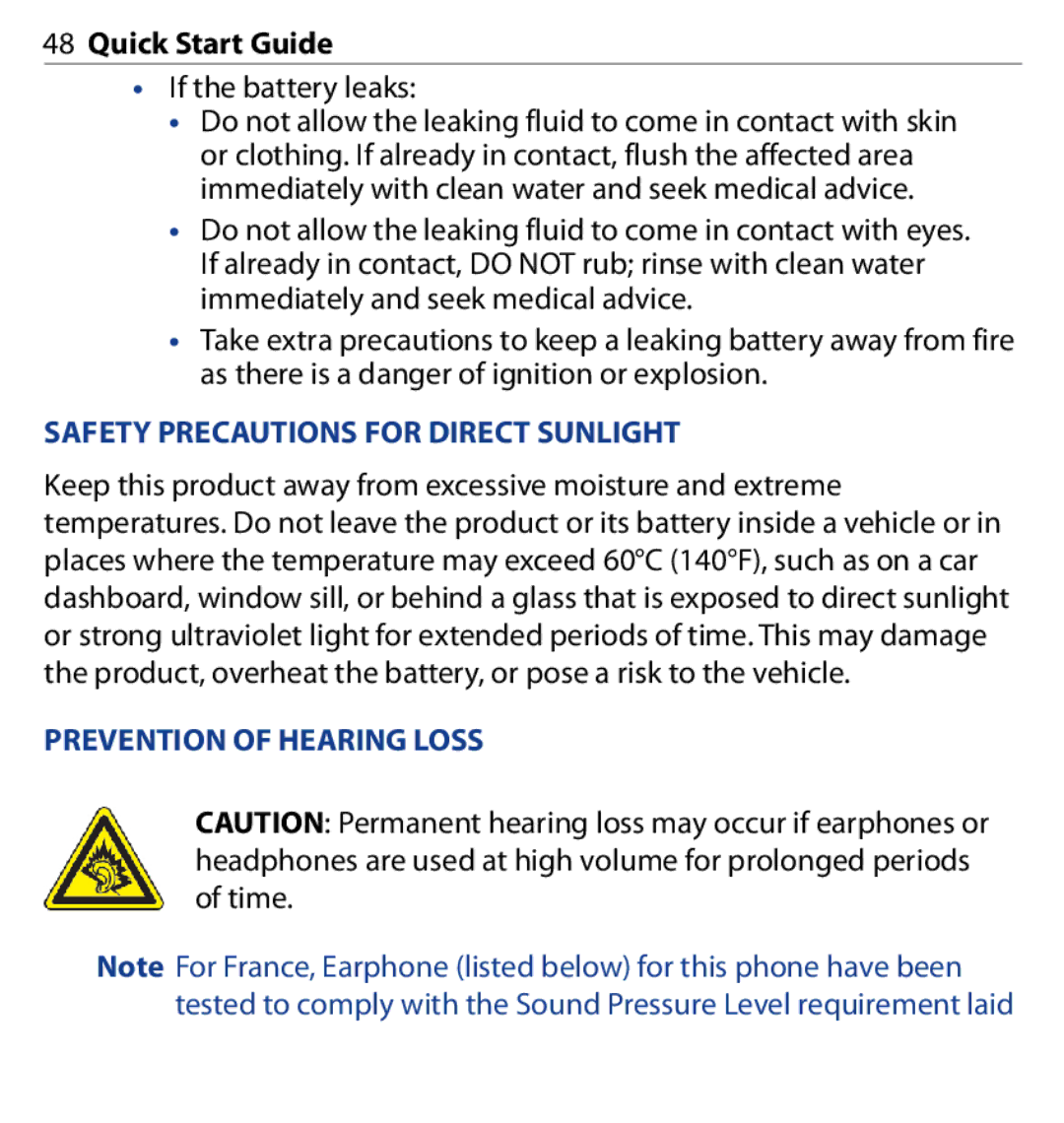 HTC SAPP100 quick start Safety Precautions for Direct Sunlight, Prevention of Hearing Loss 