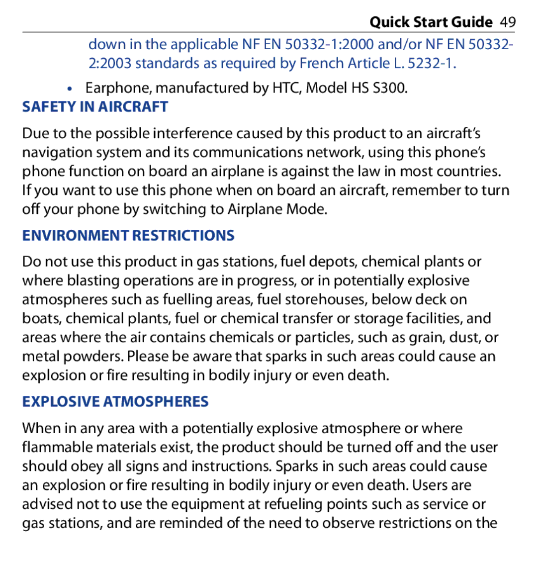 HTC SAPP100 quick start Safety in Aircraft, Environment Restrictions, Explosive Atmospheres 