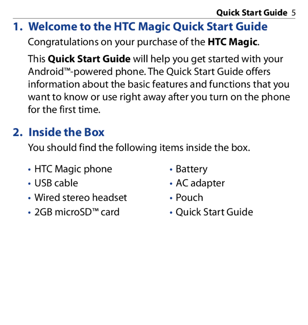 HTC SAPP100 quick start Inside the Box, Welcome to the HTC Magic Quick Start Guide 