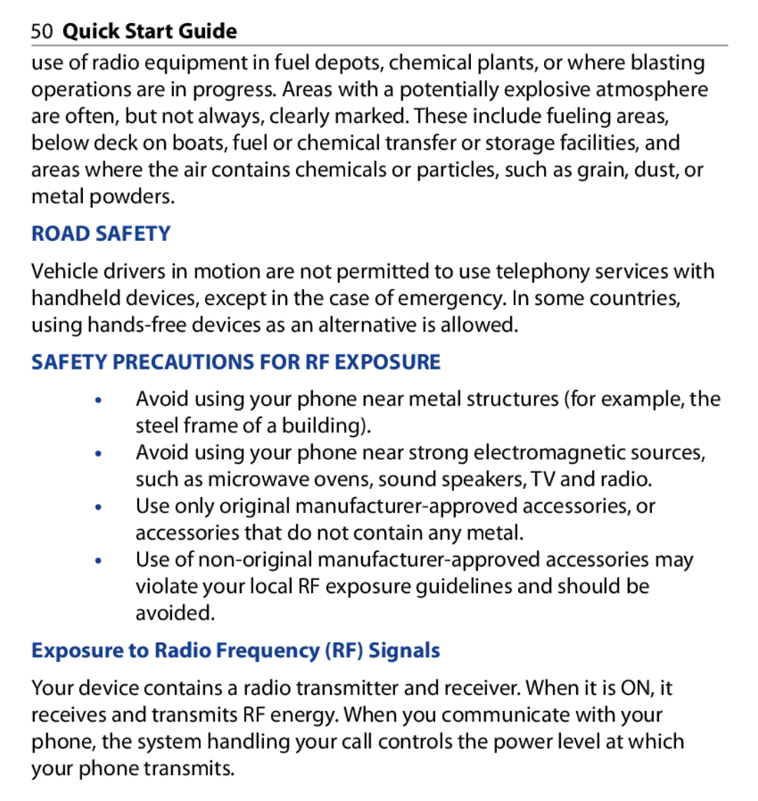 HTC SAPP100 quick start Road Safety, Safety Precautions for RF Exposure, Exposure to Radio Frequency RF Signals 