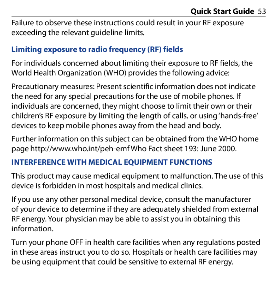 HTC SAPP100 quick start Limiting exposure to radio frequency RF fields, Interference with Medical Equipment Functions 