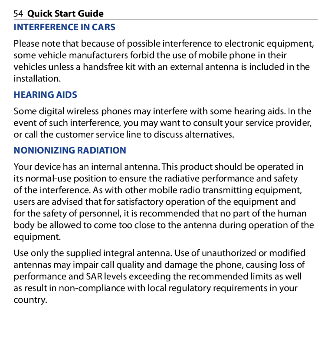 HTC SAPP100 quick start Interference in Cars, Hearing Aids, Nonionizing Radiation 