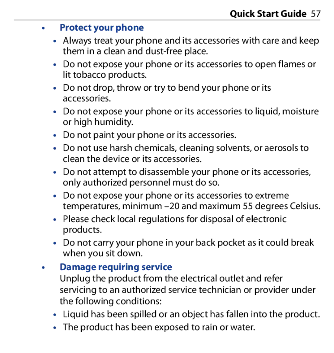 HTC SAPP100 quick start Protect your phone, Damage requiring service 