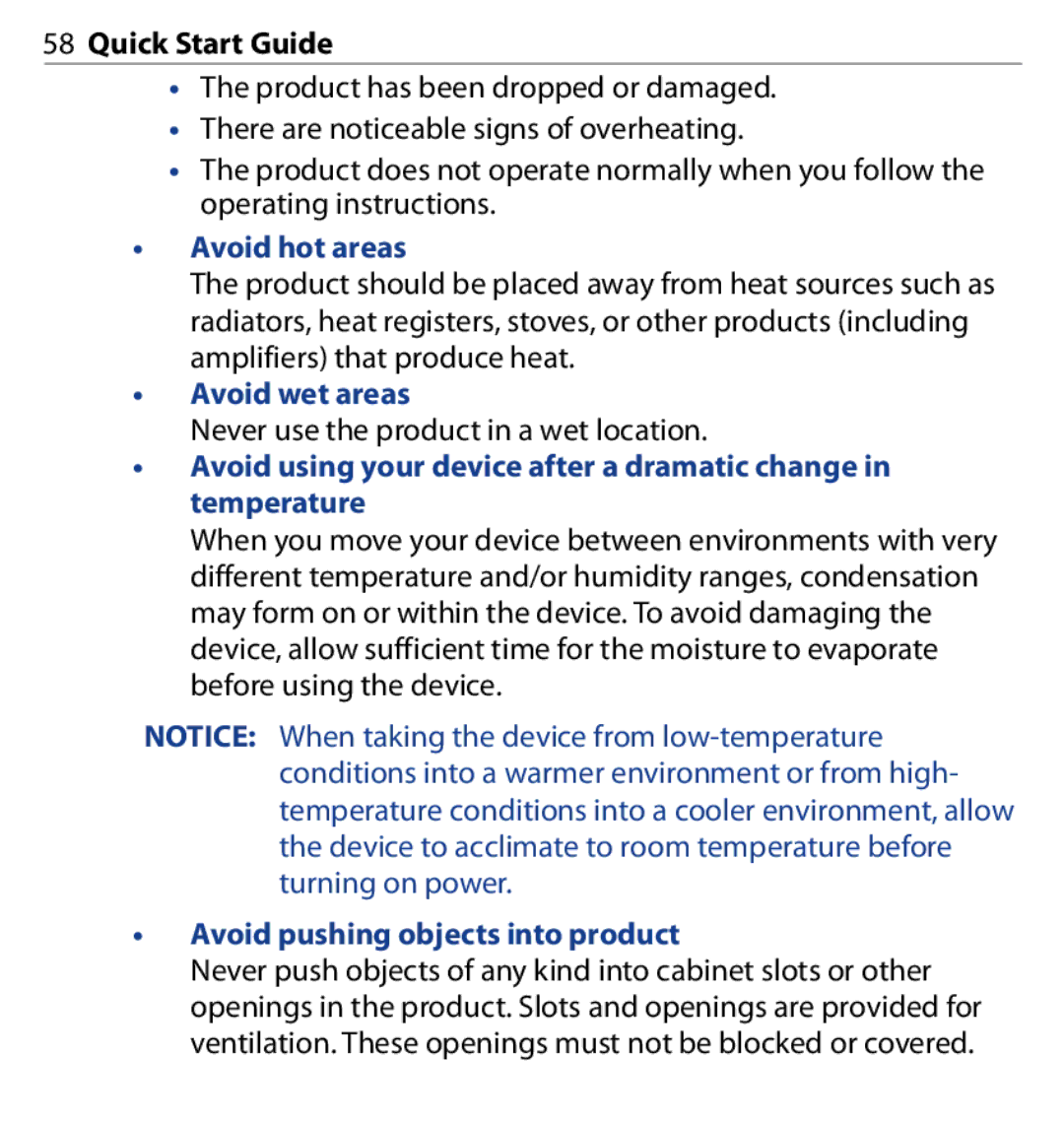 HTC SAPP100 quick start Avoid hot areas, Avoid wet areas, Avoid pushing objects into product 