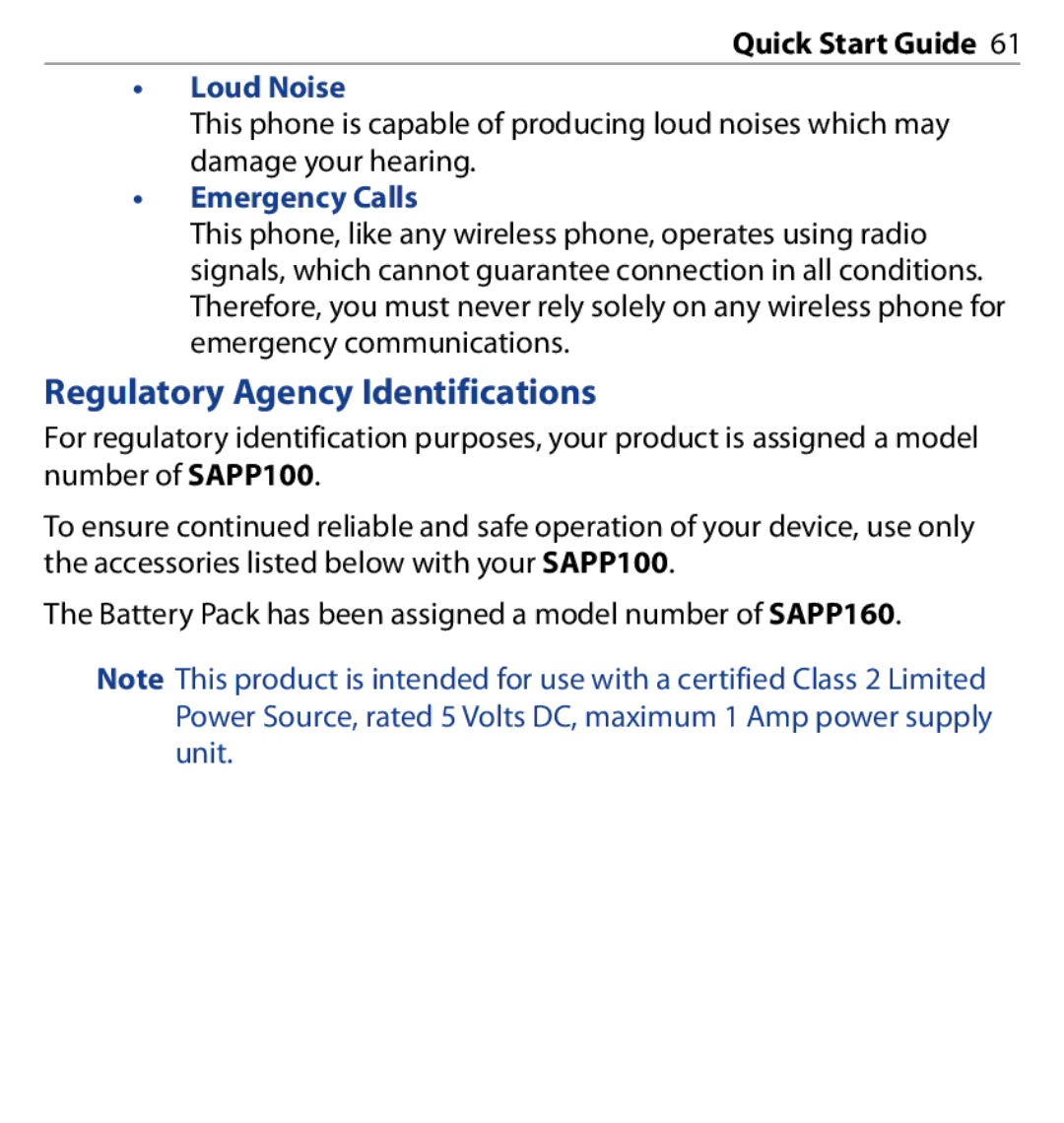 HTC SAPP100 quick start Regulatory Agency Identifications, Loud Noise, Emergency Calls 