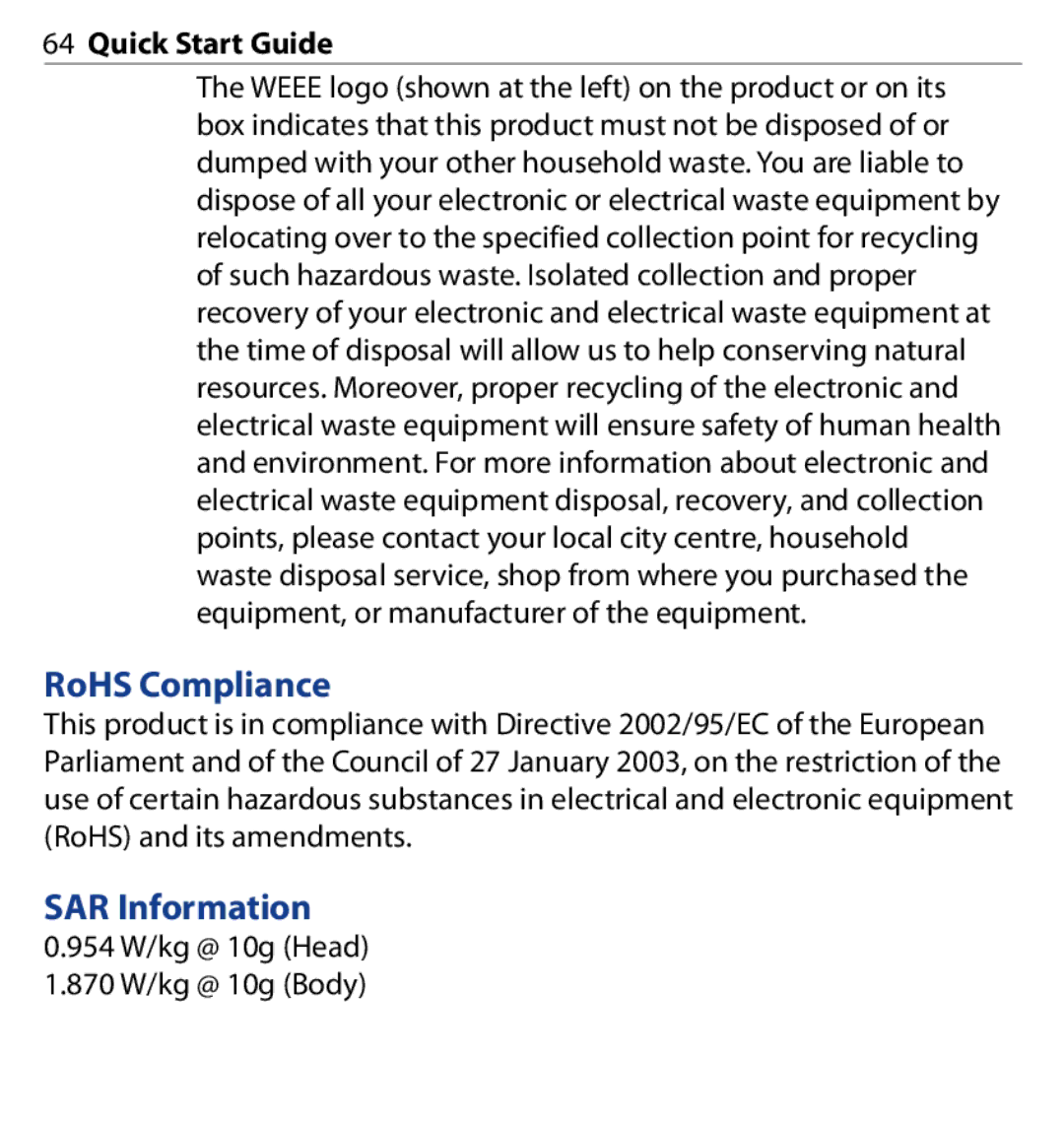 HTC SAPP100 quick start RoHS Compliance, SAR Information 