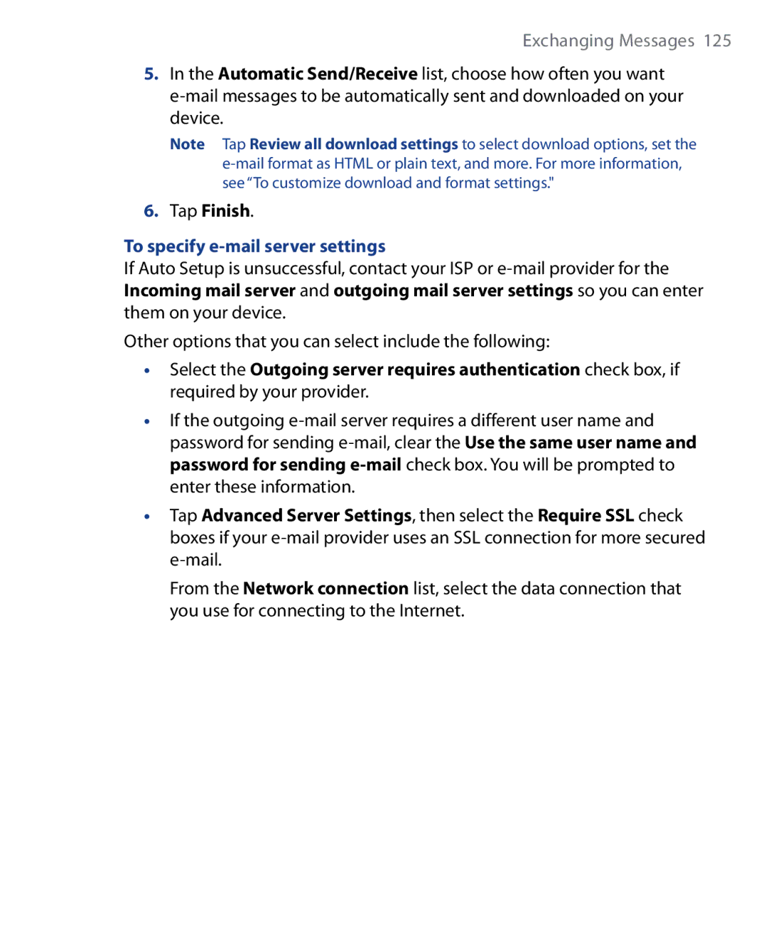 HTC HTC P6500, SEDN100 user manual Tap Finish, To specify e-mail server settings 