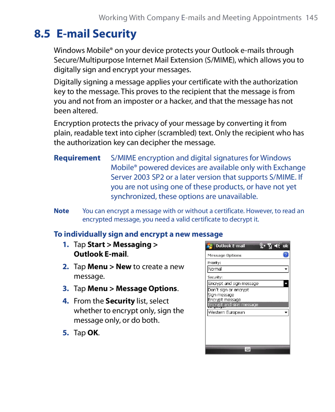 HTC HTC P6500, SEDN100 Mail Security, To individually sign and encrypt a new message, Tap Menu New to create a new message 