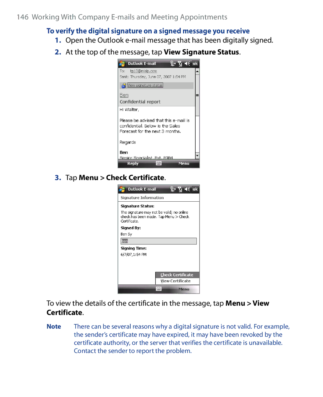 HTC SEDN100, HTC P6500 user manual Tap Menu Check Certificate 