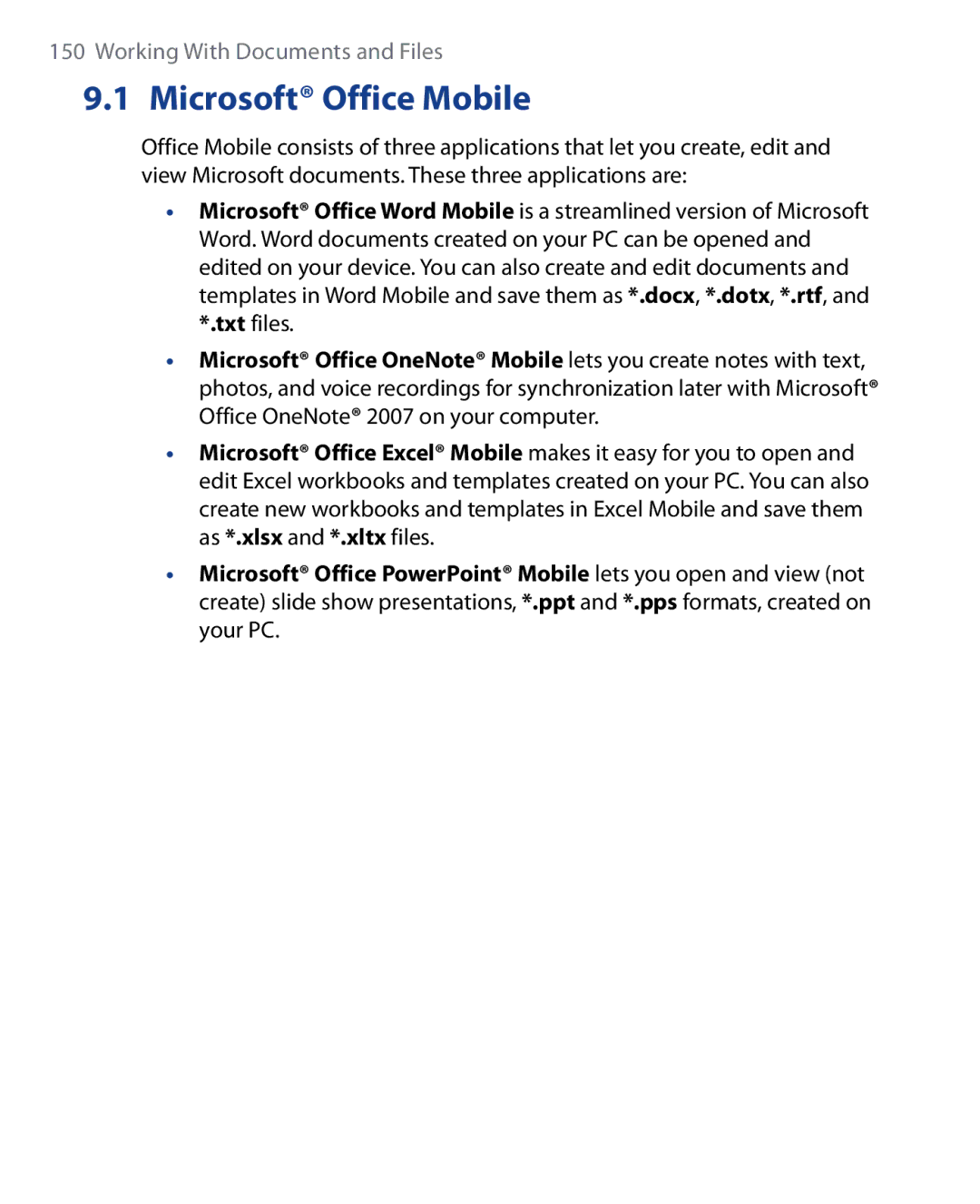 HTC SEDN100, HTC P6500 user manual Microsoft Office Mobile 