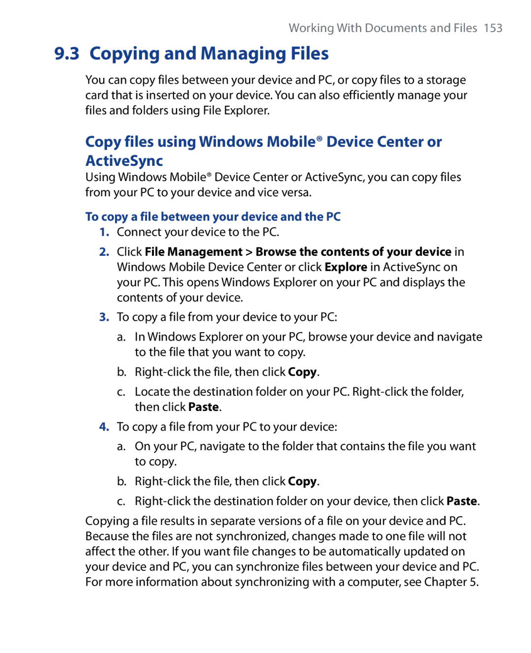 HTC HTC P6500 Copy files using Windows Mobile Device Center or ActiveSync, To copy a file between your device and the PC 