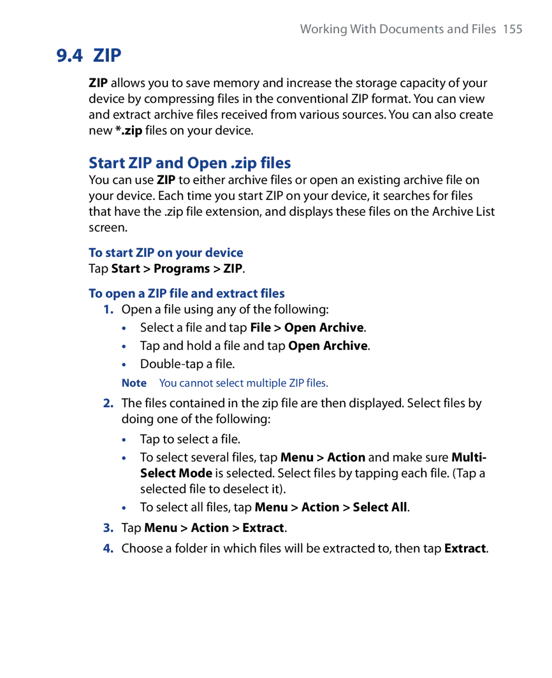 HTC HTC P6500 Start ZIP and Open .zip files, To start ZIP on your device, Tap Start Programs ZIP, Tap Menu Action Extract 