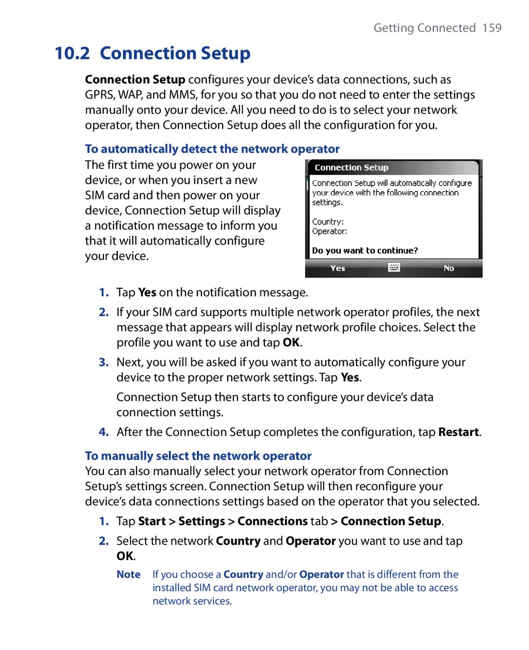 HTC HTC P6500 Connection Setup, To automatically detect the network operator, To manually select the network operator 