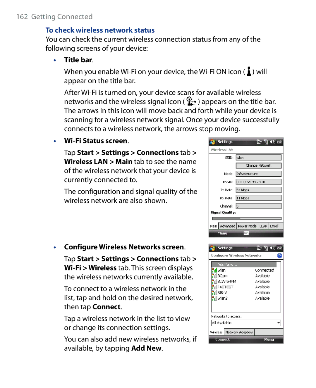 HTC SEDN100, HTC P6500 user manual To check wireless network status, Title bar, Configure Wireless Networks screen 