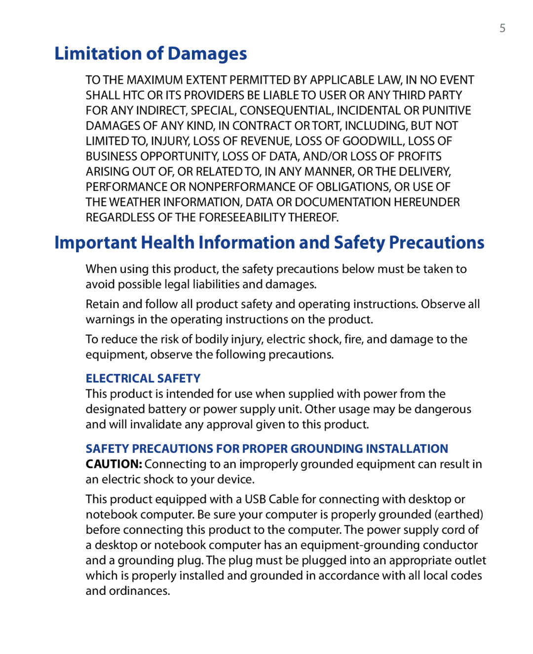 HTC HTC P6500, SEDN100 user manual Limitation of Damages, Important Health Information and Safety Precautions 