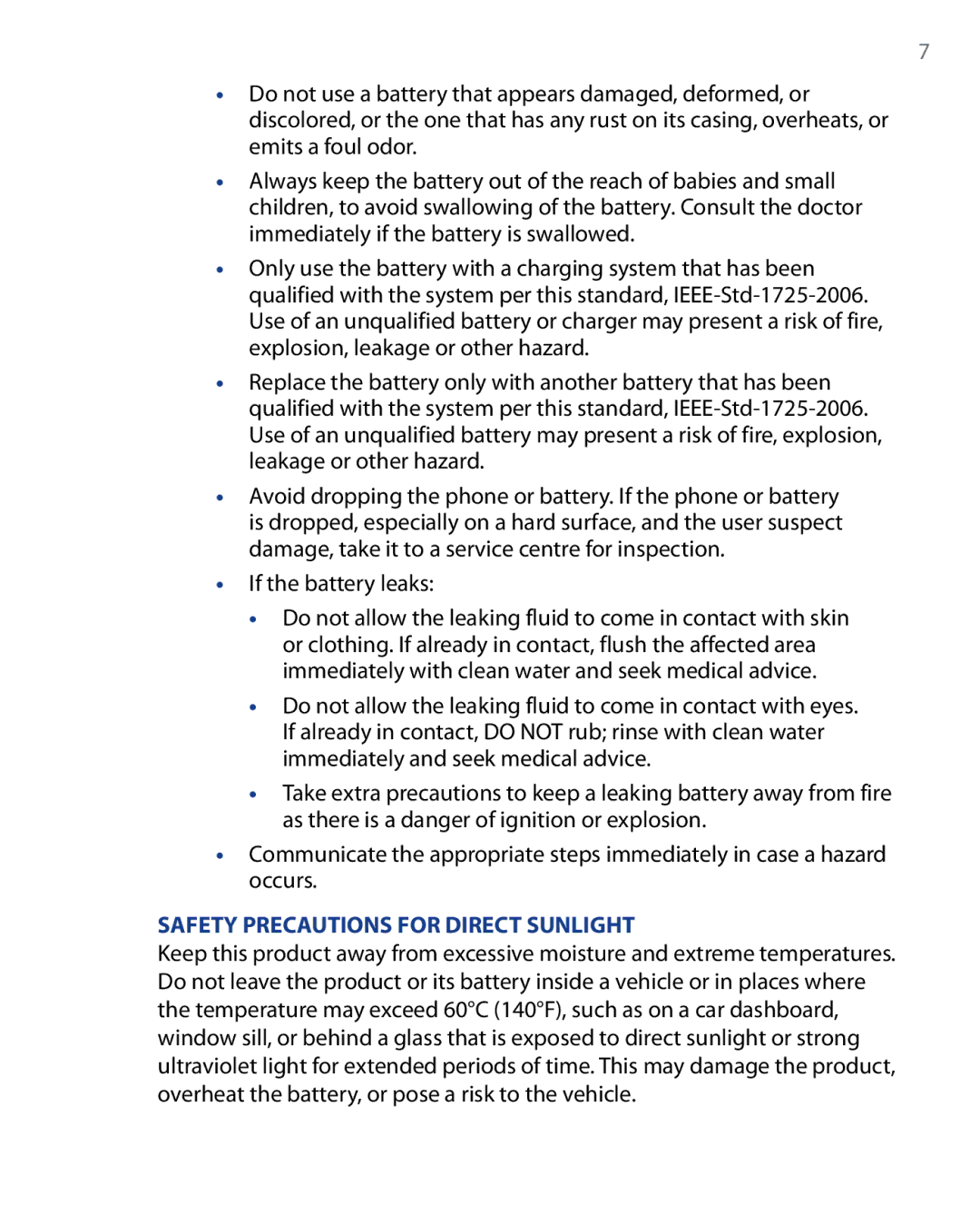 HTC HTC P6500, SEDN100 user manual If the battery leaks, Safety Precautions for Direct Sunlight 