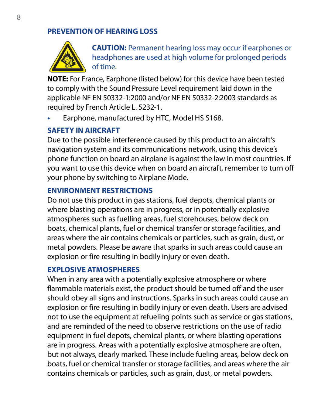 HTC SEDN100, HTC P6500 user manual Earphone, manufactured by HTC, Model HS S168, Safety in Aircraft 