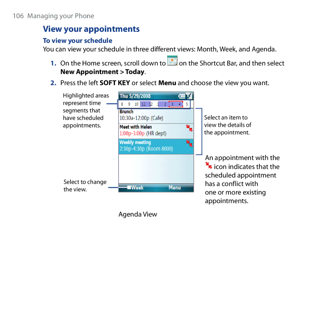 HTC Shadow user manual View your appointments, To view your schedule, Agenda View, An appointment with 