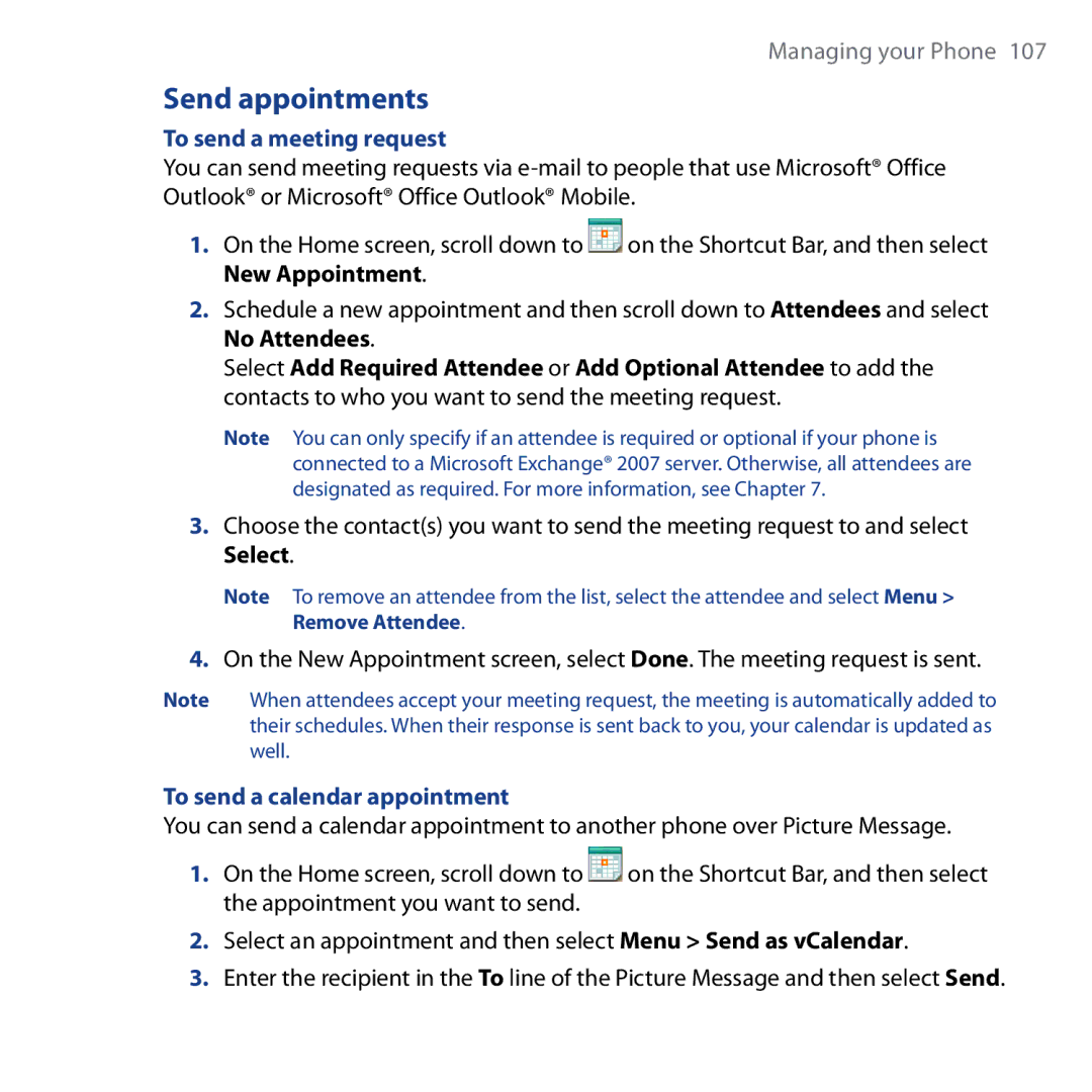 HTC Shadow user manual Send appointments, To send a meeting request, To send a calendar appointment 