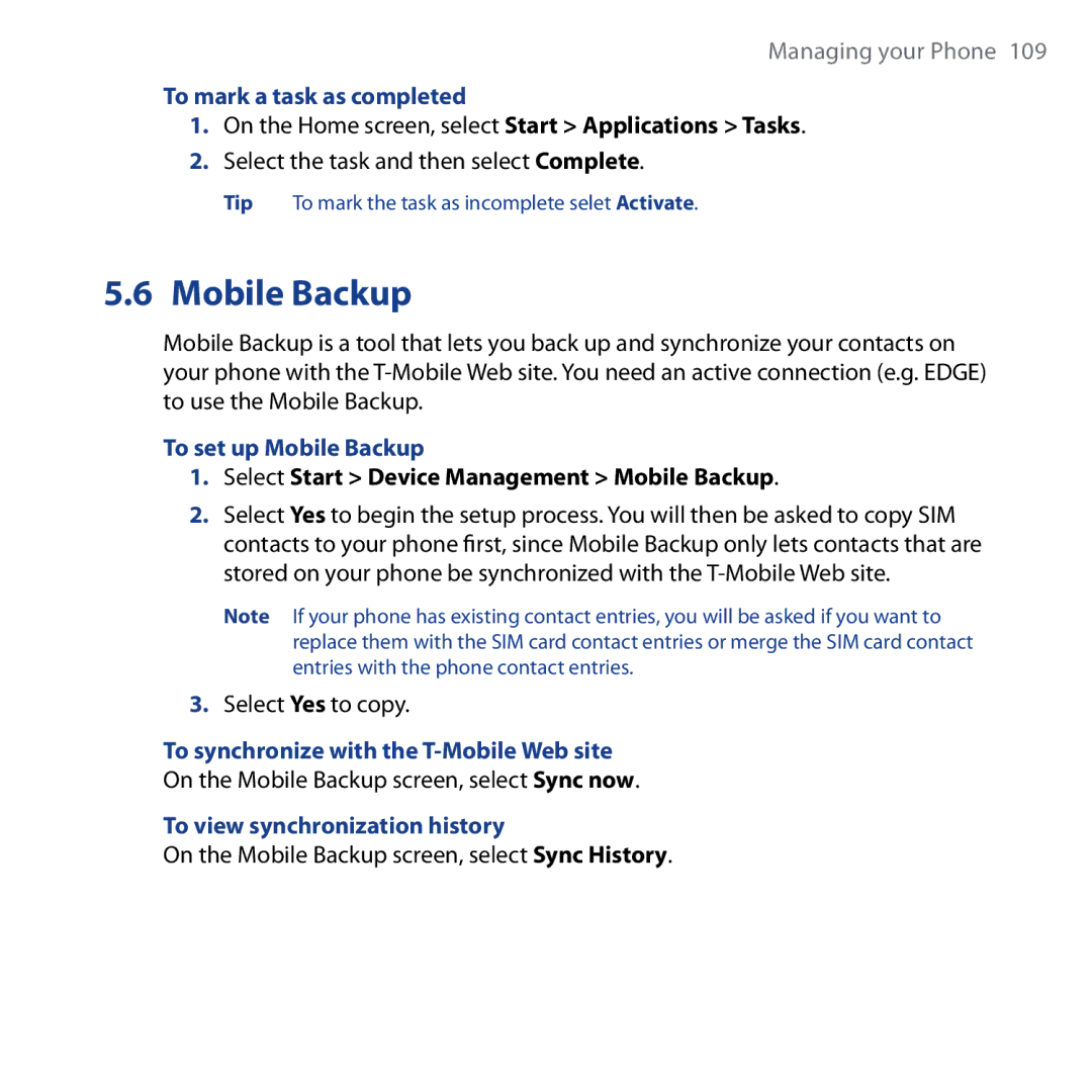 HTC Shadow user manual To mark a task as completed, To set up Mobile Backup, To synchronize with the T-Mobile Web site 