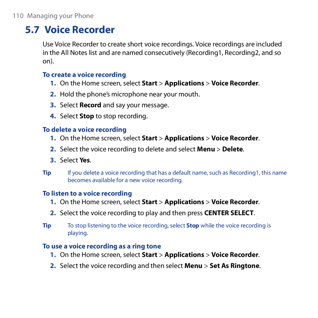 HTC Shadow Voice Recorder, To create a voice recording, To delete a voice recording, To listen to a voice recording 