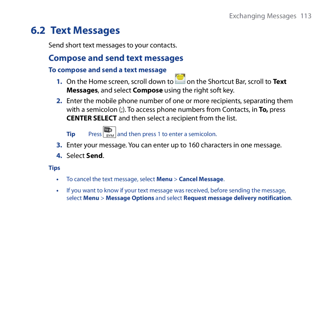 HTC Shadow user manual Text Messages, Compose and send text messages, Send short text messages to your contacts 