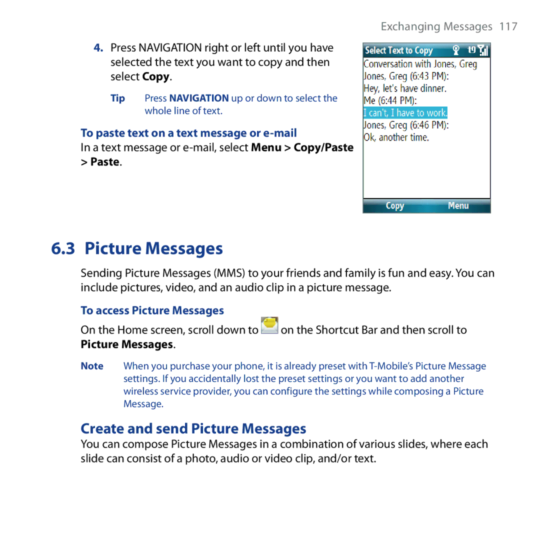 HTC Shadow Create and send Picture Messages, To paste text on a text message or e-mail, To access Picture Messages 