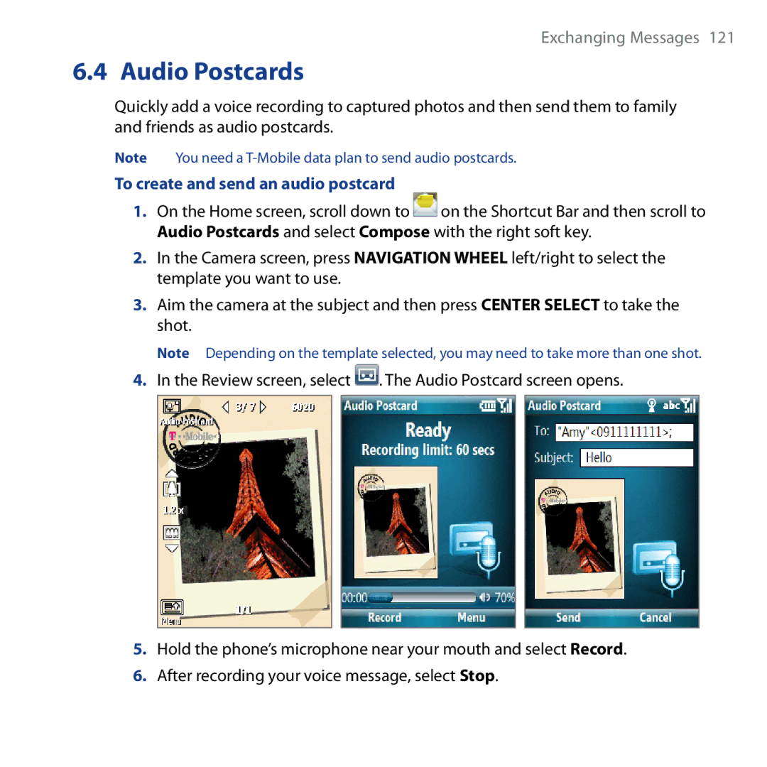 HTC Shadow user manual Audio Postcards, To create and send an audio postcard 