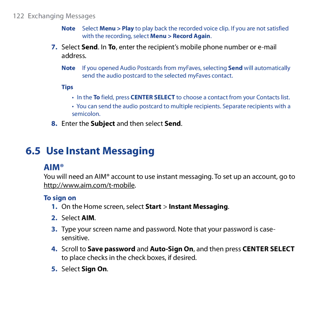 HTC Shadow user manual Use Instant Messaging, Enter the Subject and then select Send, To sign on, Select Sign On 