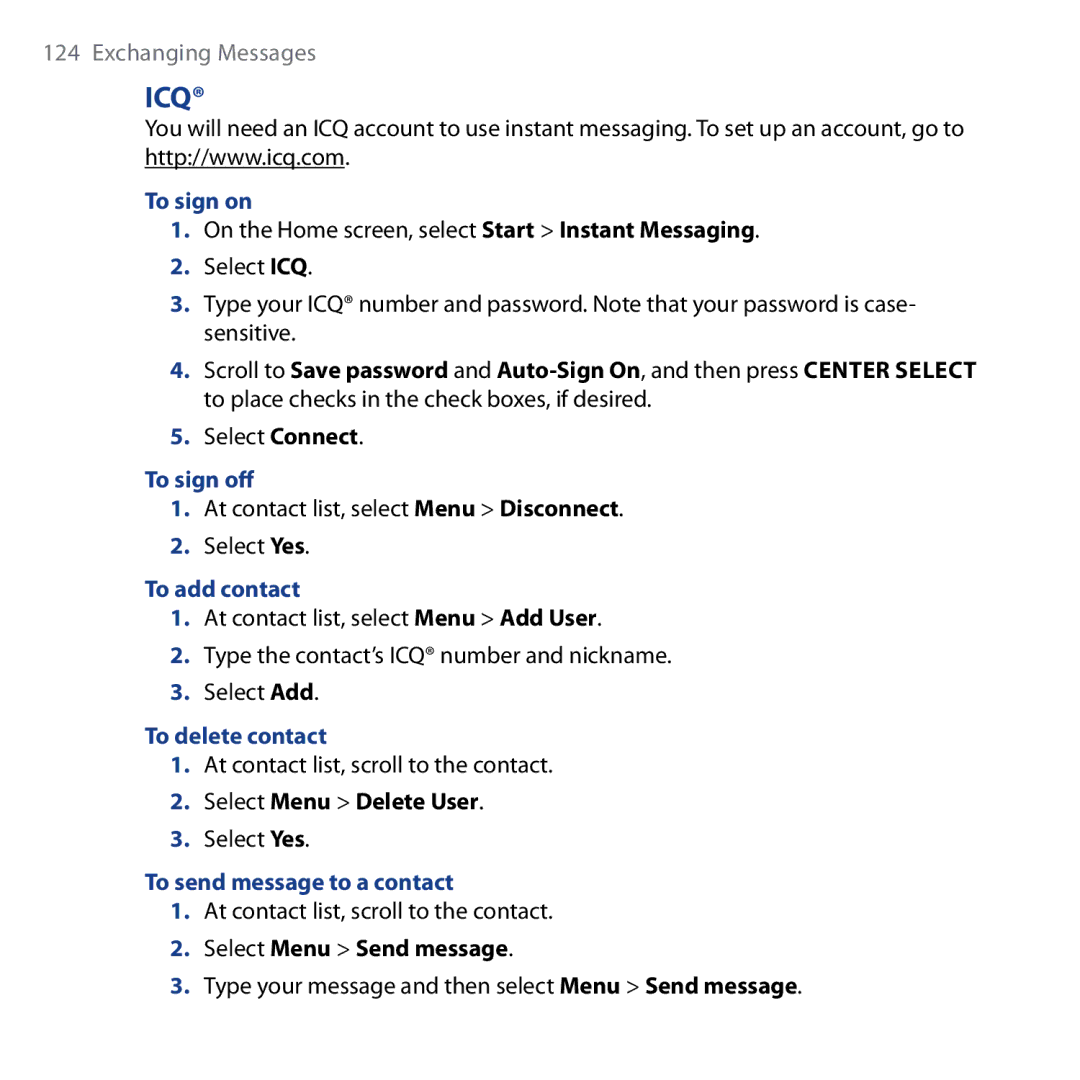 HTC Shadow user manual To add contact, To delete contact, Select Menu Delete User, To send message to a contact 