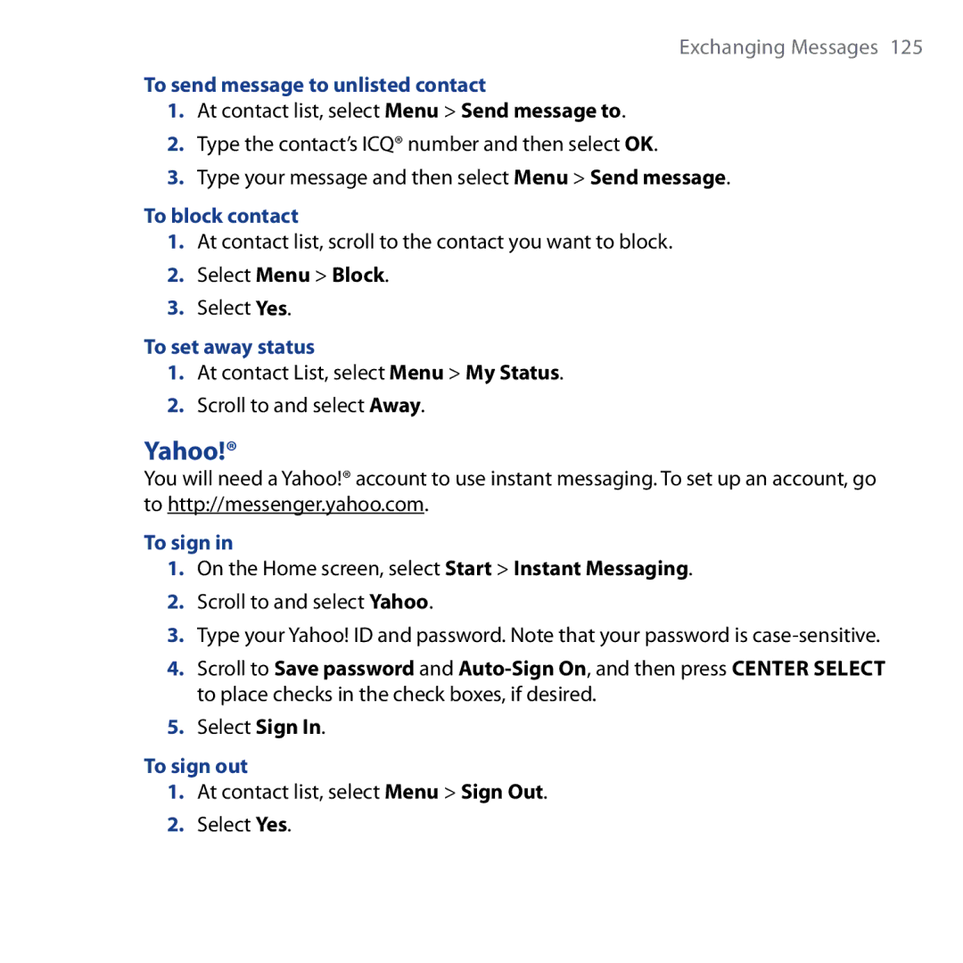 HTC Shadow user manual Yahoo, To send message to unlisted contact, To block contact, To sign out 