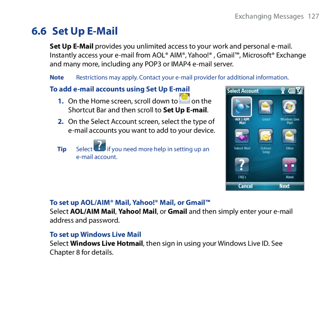 HTC Shadow Set Up E-Mail, To add e-mail accounts using Set Up E-mail, To set up AOL/AIM Mail, Yahoo! Mail, or Gmail 