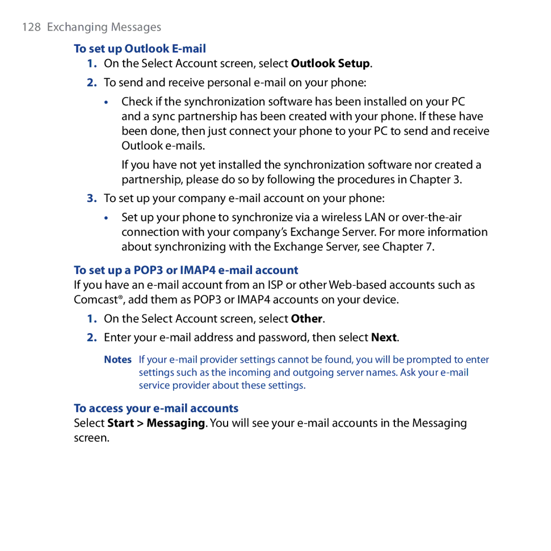 HTC Shadow To set up Outlook E-mail, To set up your company e-mail account on your phone, To access your e-mail accounts 