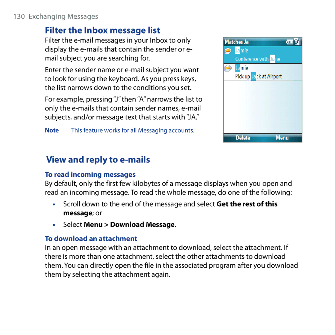 HTC Shadow Filter the Inbox message list, View and reply to e-mails, To read incoming messages, To download an attachment 