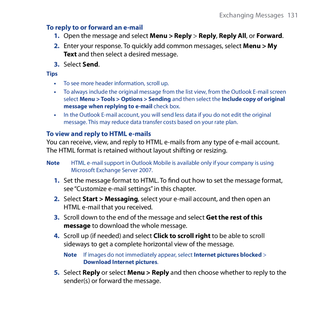 HTC Shadow user manual To reply to or forward an e-mail, To view and reply to Html e-mails 