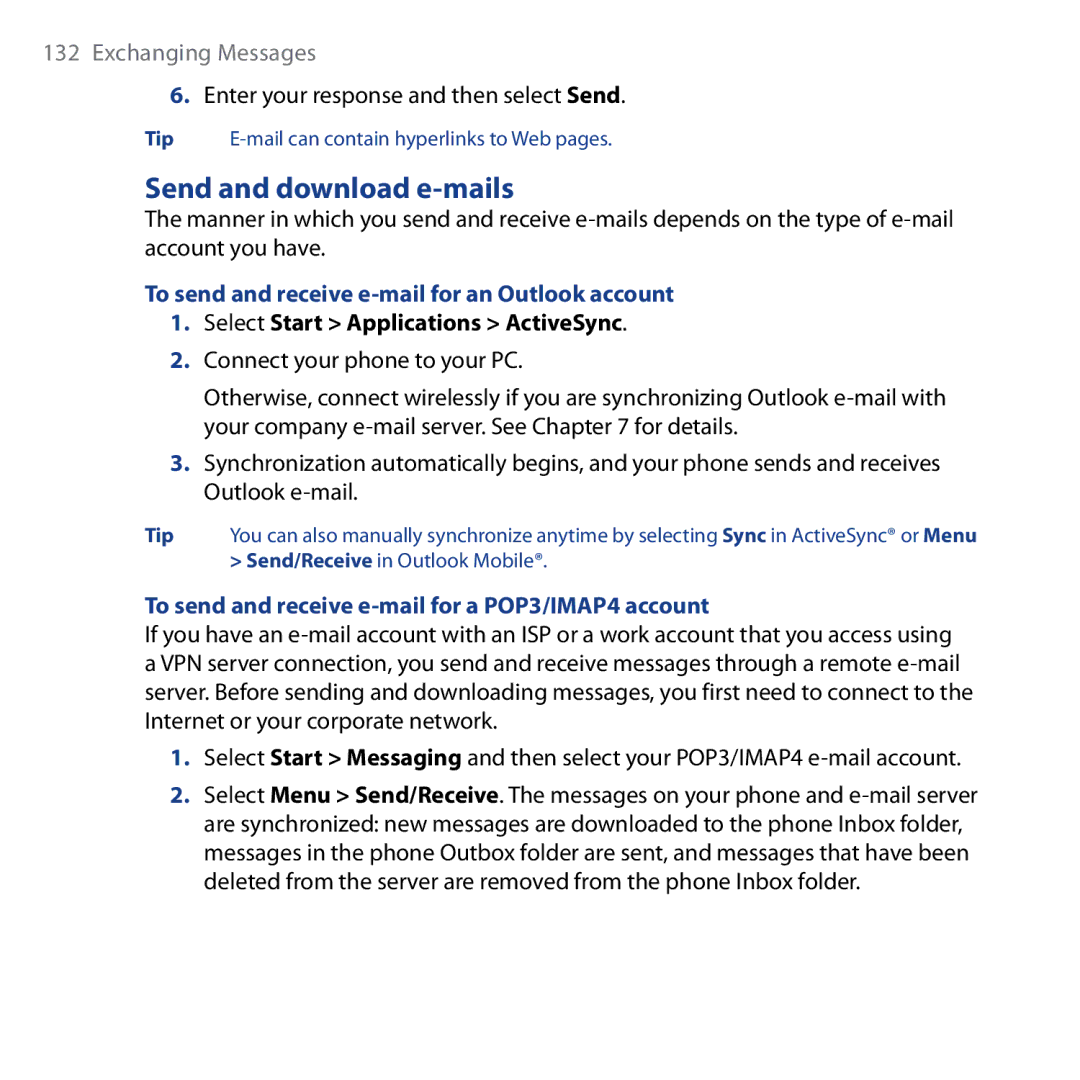 HTC Shadow Send and download e-mails, Enter your response and then select Send, Select Start Applications ActiveSync 