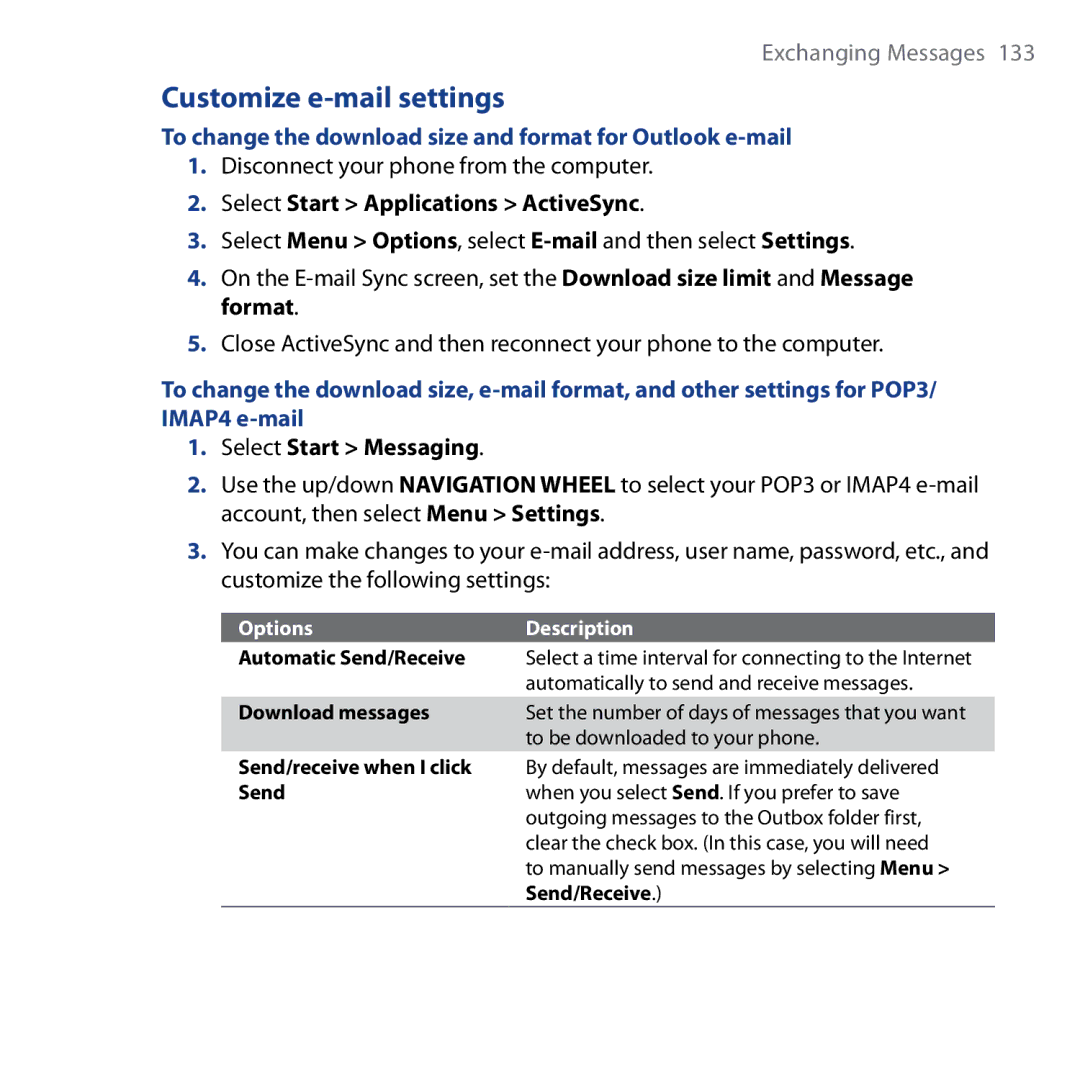 HTC Shadow Customize e-mail settings, To change the download size and format for Outlook e-mail, Select Start Messaging 