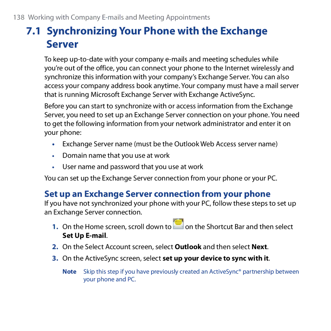 HTC Shadow Synchronizing Your Phone with the Exchange Server, Set up an Exchange Server connection from your phone 