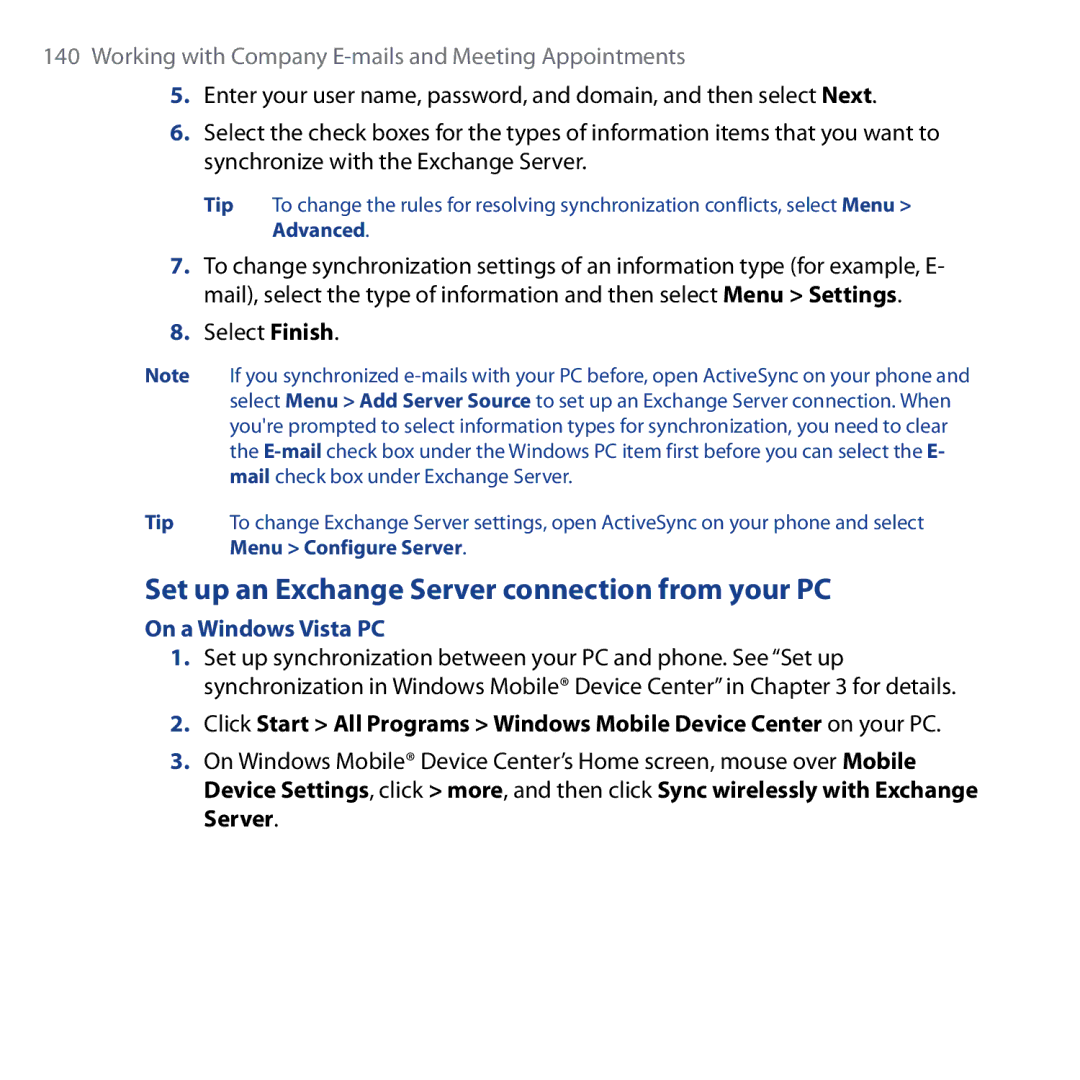 HTC Shadow user manual Set up an Exchange Server connection from your PC, Select Finish, On a Windows Vista PC 