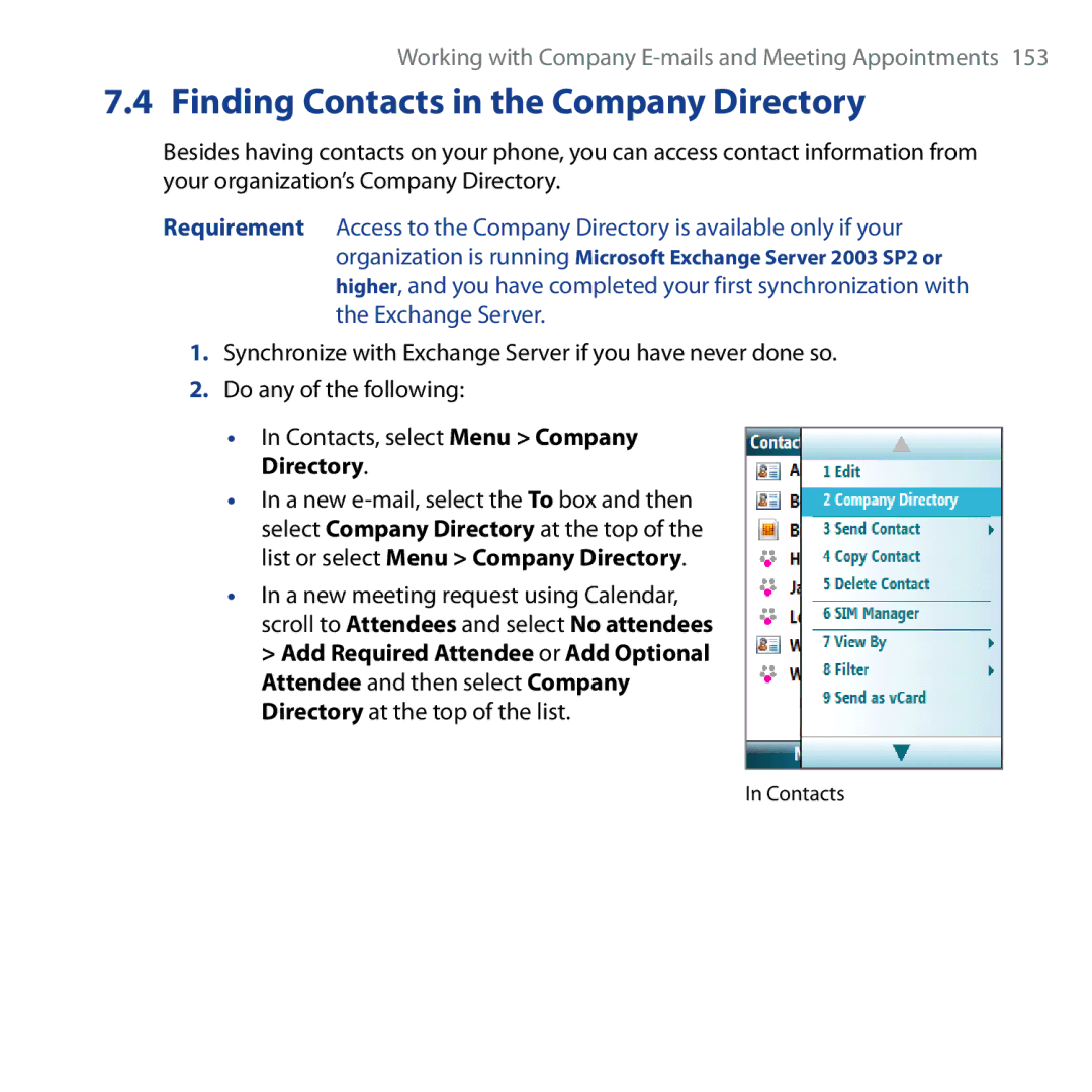 HTC Shadow user manual Finding Contacts in the Company Directory 