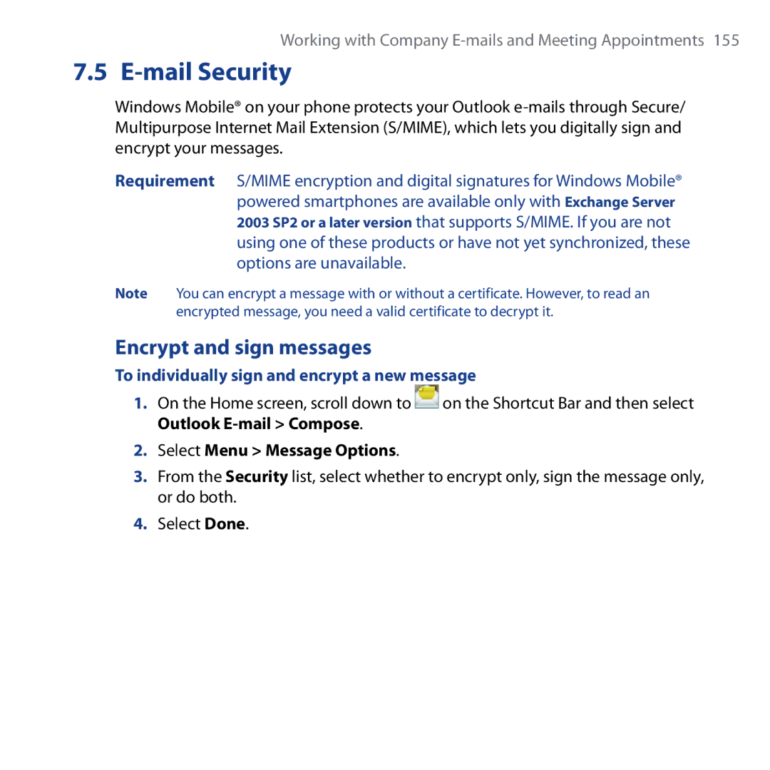 HTC Shadow user manual Mail Security, Encrypt and sign messages, To individually sign and encrypt a new message 