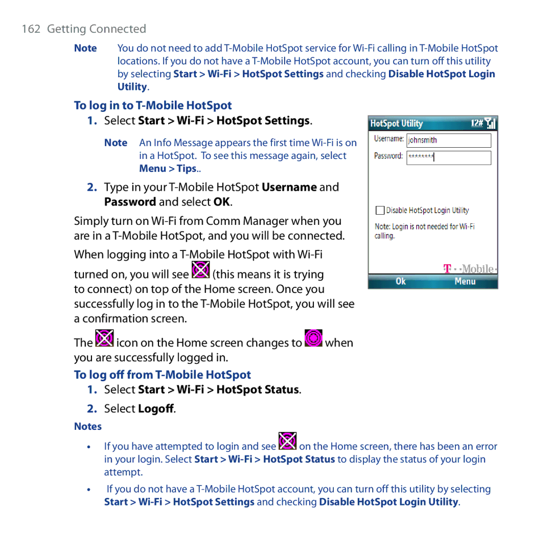 HTC Shadow user manual To log in to T-Mobile HotSpot, Select Start Wi-Fi HotSpot Settings, To log off from T-Mobile HotSpot 