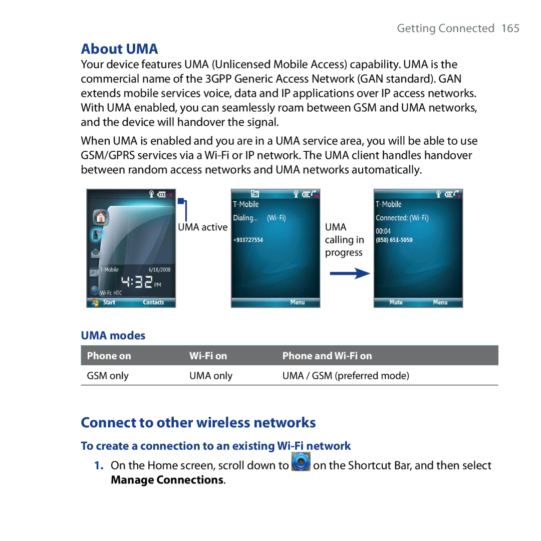 HTC Shadow About UMA, Connect to other wireless networks, UMA modes, To create a connection to an existing Wi-Fi network 