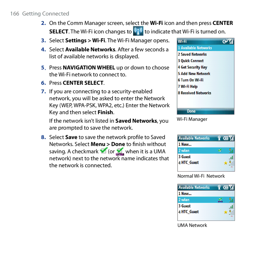 HTC Shadow user manual Select Settings Wi-Fi. The Wi-Fi Manager opens, Press Center Select 