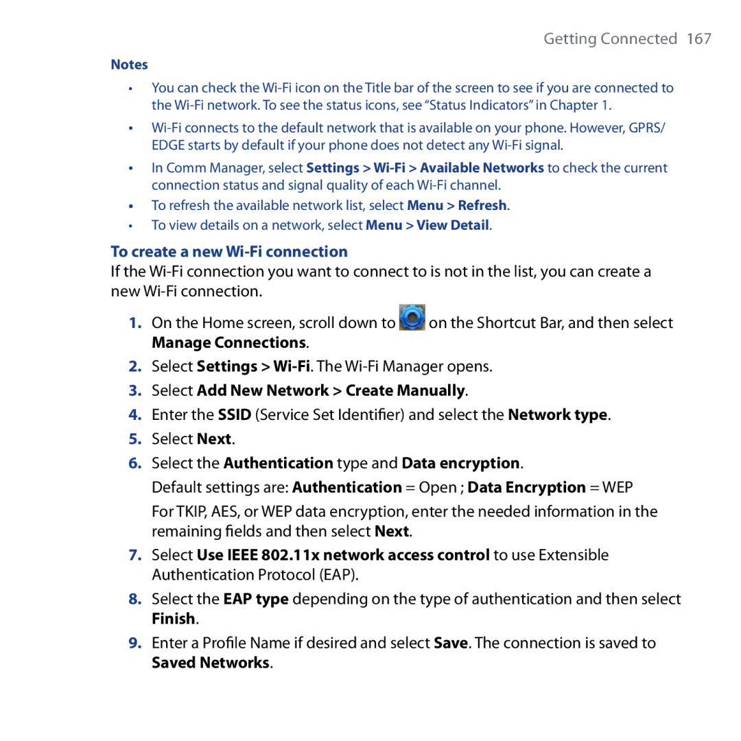 HTC Shadow user manual To create a new Wi-Fi connection, Select Add New Network Create Manually 